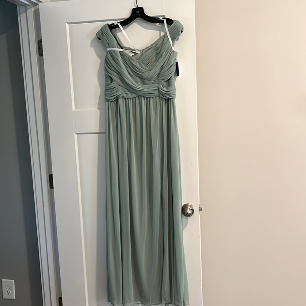 David’s Bridal dusty sage long mesh off the shoulder gown